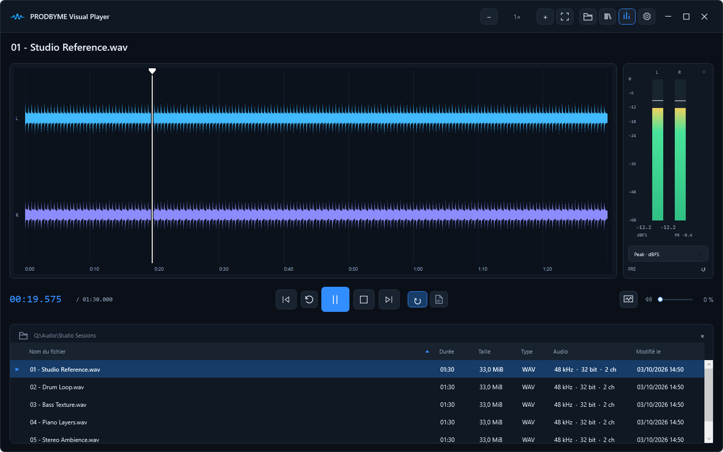 Visual Player: file list and navigation in a demo audio folder.